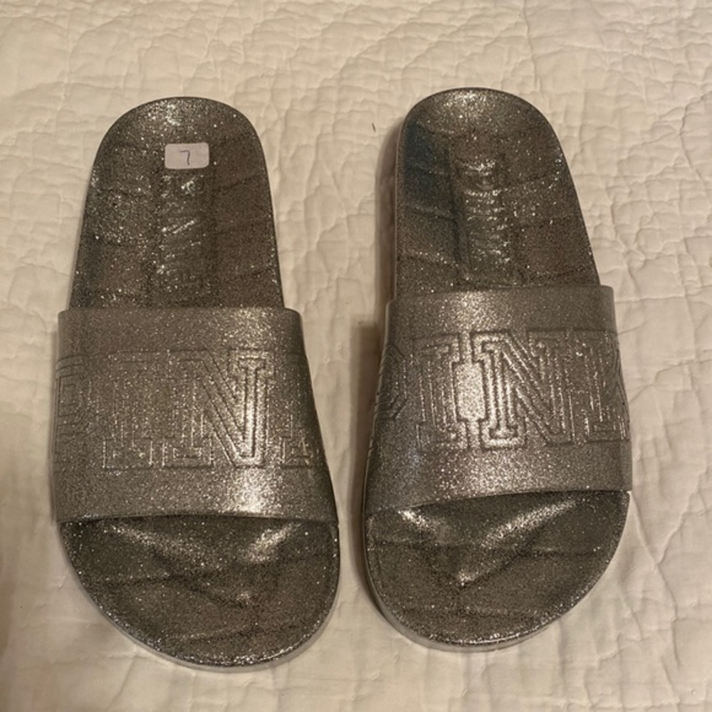 PINK Victoria's Secret Silver Glitter Slide Sandals